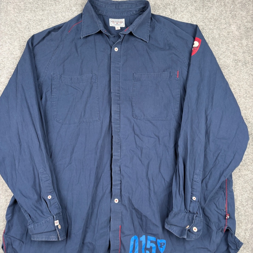 Phat Farm Button Up Shirt Mens 4XL Navy Blue Y2K Streetwear Graphic Long Sleeve - Picture 4 of 13